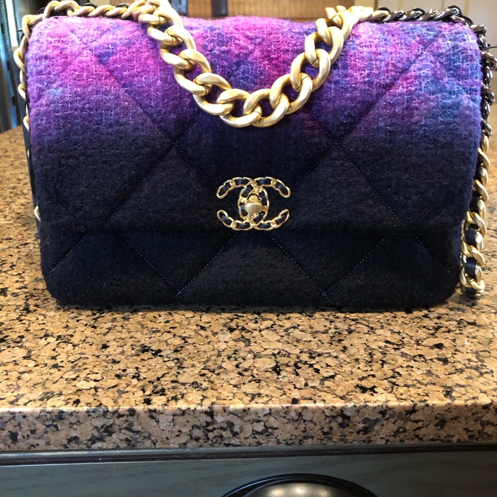 CHANEL 19 Gradient Quilted Wool Flap Bag in Purple and Black with Gold Chain